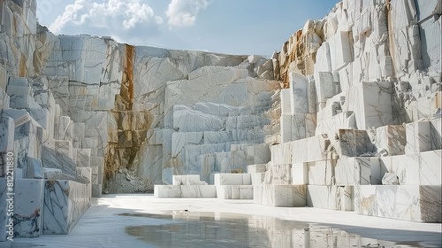 Tranquil view of a white marble quarry under a blue sky, showcasing nature's raw beauty and industry's might