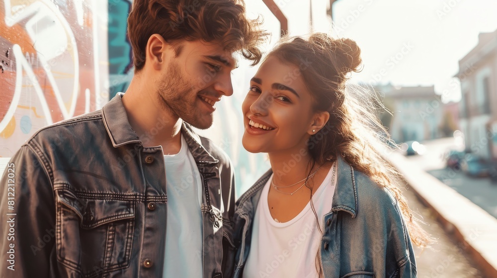 Young affectionate couple sharing a smile in an urban outdoor environment, reflecting modern love Young affectionate couple sharing a smile in an urban outdoor environment, reflecting modern love