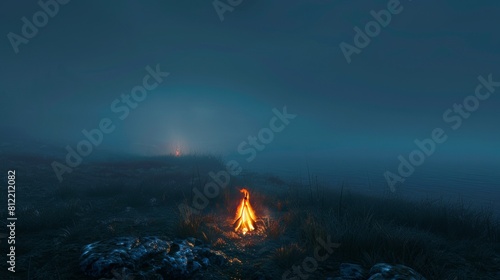 Serene campfire scene in a foggy wilderness at dusk for outdoor and adventure designs