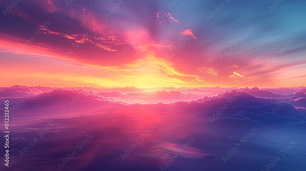 Vibrant Sunset Over Cloud-Covered Mountainscape, Generative AI