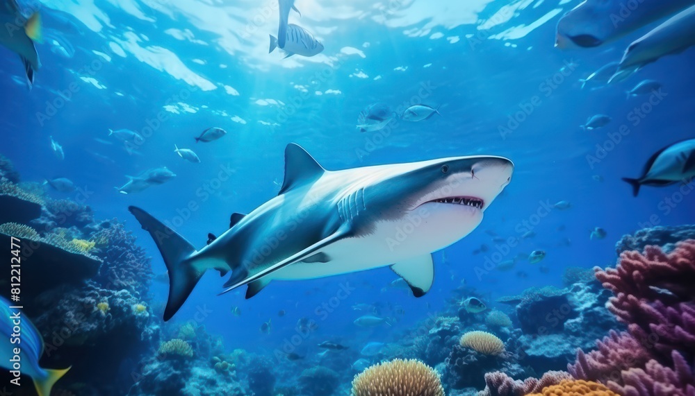 The great White Shark in the ocean, portrait of White shark hunting prey in the underwater The great White Shark in the ocean, portrait of White shark hunting prey in the underwater