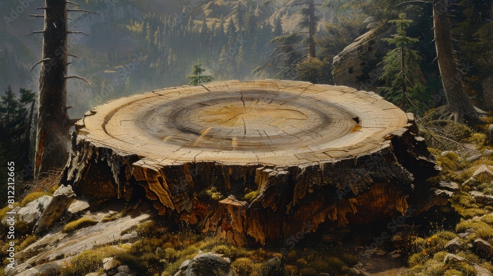 Serene forest landscape with a large tree stump for Earth Day awareness