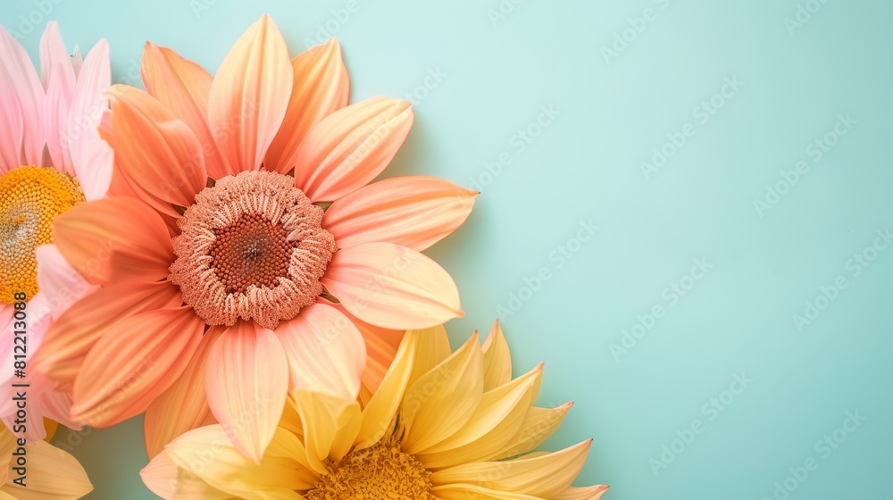 Three yellow and orange flowers are arranged in a row on a blue background Three yellow and orange flowers are arranged in a row on a blue background