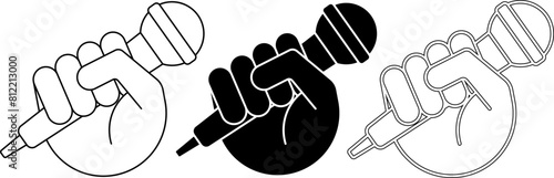 outline silhouette Hand holding microphone icon set