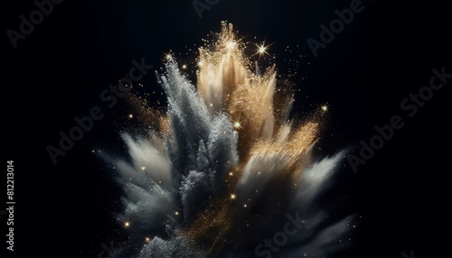 Sand explosion, with silver sand and gold sand that includes a glitter effect to enhance the shimmer against a dark back background photo