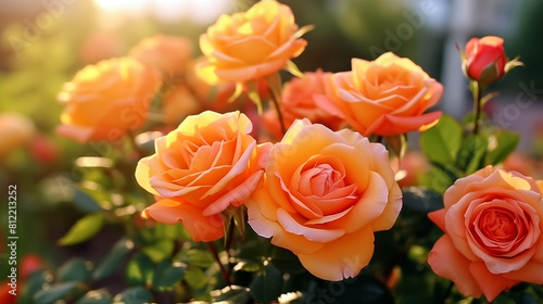 Beautiful orange roses in flowerpot on blurred background  closeup