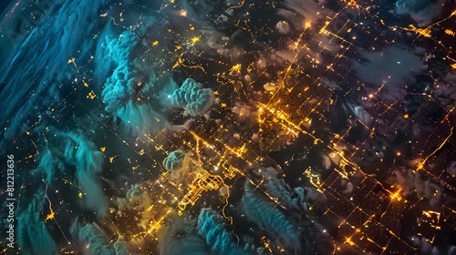 Discover the intricate patterns of human habitation as seen from above, with city lights painting a vibrant tapestry on Earth's surface photo