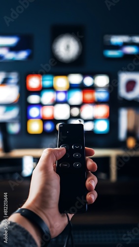 Hands holding a remote control, accessing blurred streaming platforms with a variety of multimedia content.