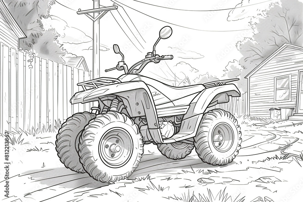 A simple outline drawing of a cartoon quad bike with chunky tires, featuring a cheerful rider exploring a rugged trail, perfect for coloring by young children.