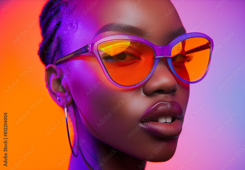 Bright studio fashion portrait of a young black woman wearing sunglasses Bright studio fashion portrait of a young black woman wearing sunglasses