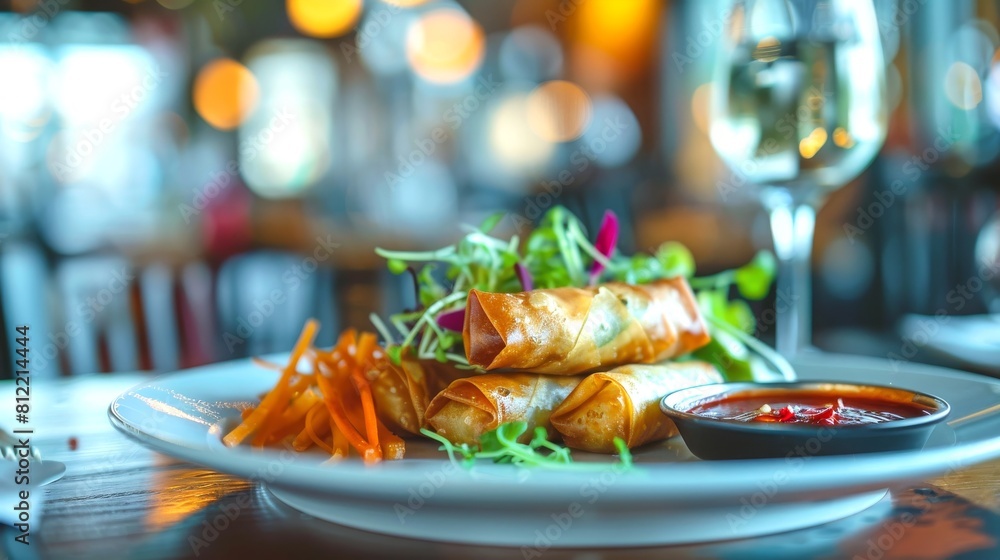 Crispy Thai spring rolls served on plate with side of sweet chili sauce and fresh salad. Perfectly fried appetizer. Concept of Asian cuisine, starters, flavorful snacks, Thai meals, dining experience Crispy Thai spring rolls served on plate with side of sweet chili sauce and fresh salad. Perfectly fried appetizer. Concept of Asian cuisine, starters, flavorful snacks, Thai meals, dining experience