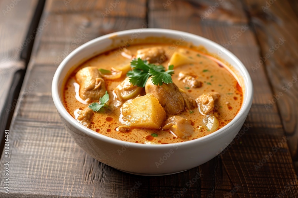 Massaman curry with potatoes and chicken, garnished with cilantro. Rich Thai curry served on plate. Concept of Thai cuisine, flavorful dishes, food, Asian culinary tradition. Massaman curry with potatoes and chicken, garnished with cilantro. Rich Thai curry served on plate. Concept of Thai cuisine, flavorful dishes, food, Asian culinary tradition.