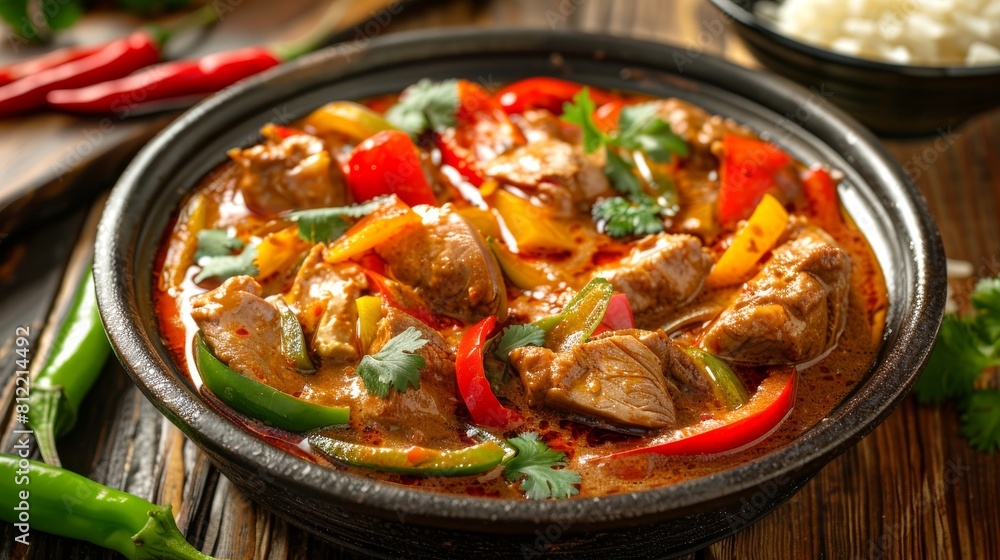 Thai red curry with duck served in a bowl, garnished with basil and bell peppers. Spicy national Thai dish. Concept of Asian cuisine, culinary, traditional recipes, exotic Thai red curry with duck served in a bowl, garnished with basil and bell peppers. Spicy national Thai dish. Concept of Asian cuisine, culinary, traditional recipes, exotic