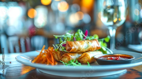 Crispy Thai spring rolls served on plate with side of sweet chili sauce and fresh salad. Perfectly fried appetizer. Concept of Asian cuisine  starters  flavorful snacks  Thai meals  dining experience