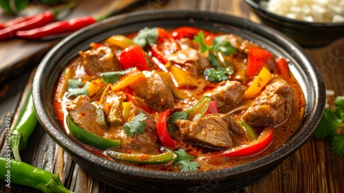 Thai red curry with duck served in a bowl, garnished with basil and bell peppers. Spicy national Thai dish. Concept of Asian cuisine, culinary, traditional recipes, exotic