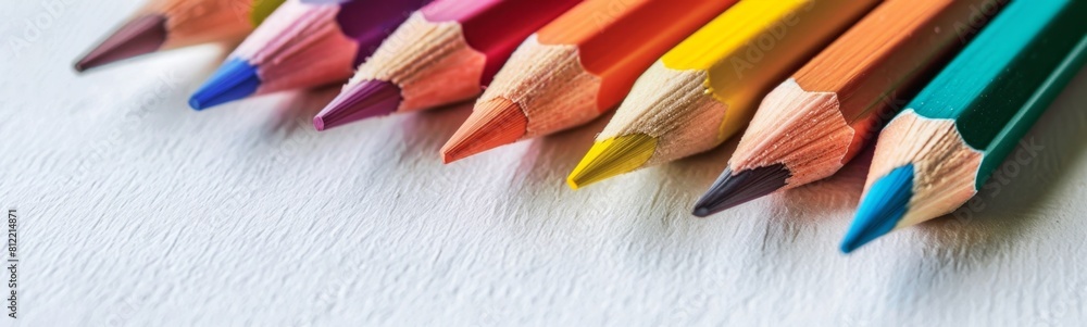 Several colored pencils lined up on a white surface. Banner Several colored pencils lined up on a white surface. Banner