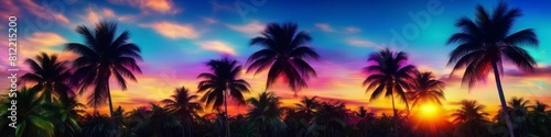 Abstract background a tranquil tropical evening settles in, with the warm glow of the setting sun gently caressing the palm-fringed horizon. photo