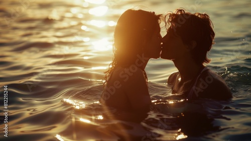 An intimate silhouette of a couple sharing a kiss in the sea at dusk, expressing love and togetherness