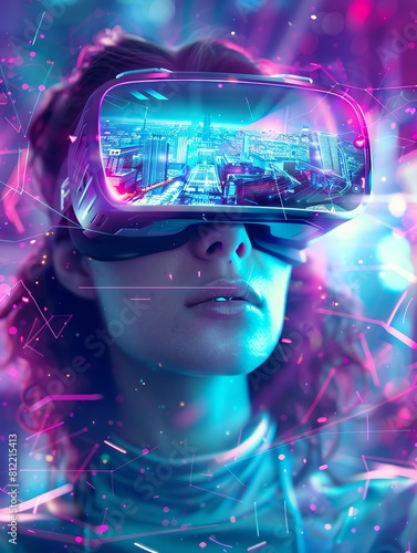 A young woman wearing a VR headset. She is looking at a virtual city. The city is full of skyscrapers and neon lights. The woman is amazed by the beauty of the city. © Sataporn