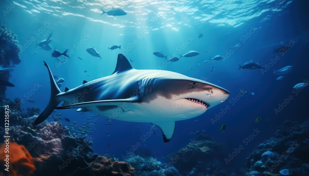 Fototapeta premium The great White Shark in the ocean, portrait of White shark hunting prey in the underwater