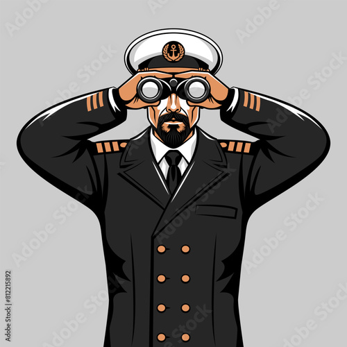 Man in captain uniform looking through binoculars