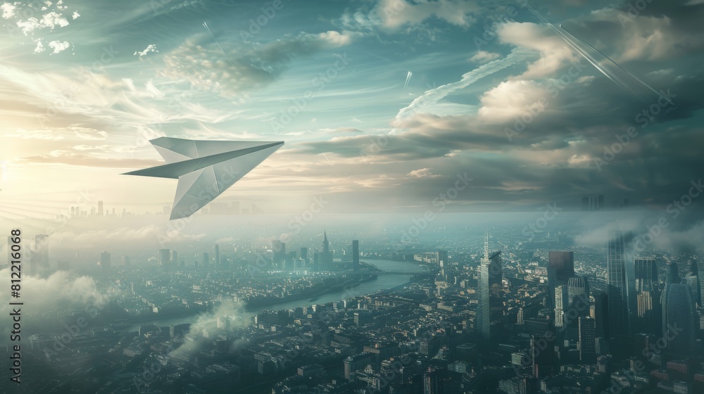 Fototapeta premium Surreal flight of paper airplanes over urban skyline