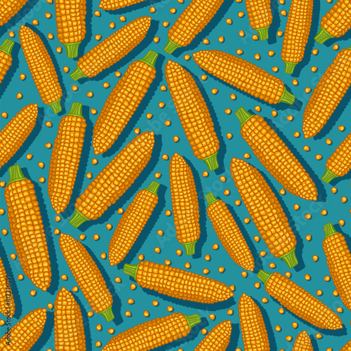 Corn cobs on blue background seamless pattern