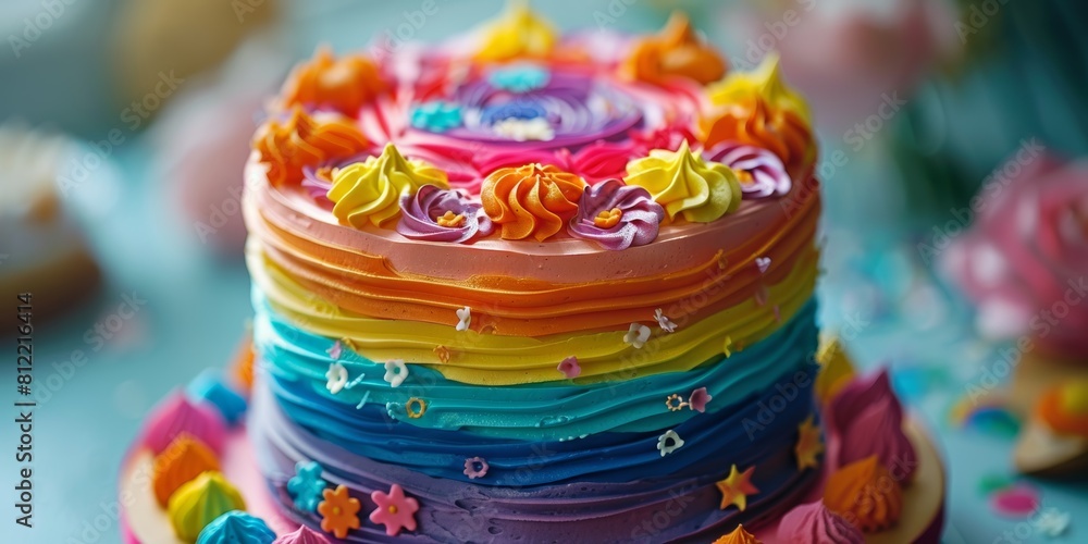 Colorful Multi Layer Cake With Rainbow Icing. Generative AI Colorful Multi Layer Cake With Rainbow Icing. Generative AI