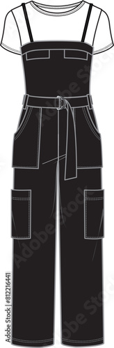 Women's 2-in-1 Jumpsuit. Technical fashion illustration. Front, black color. Women's CAD mock-up.