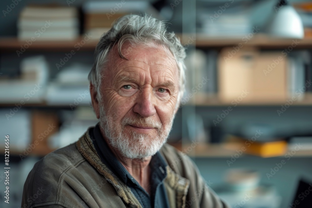 Detailed shot of an elderly man with a contemplative look in an indoor setting with books Detailed shot of an elderly man with a contemplative look in an indoor setting with books