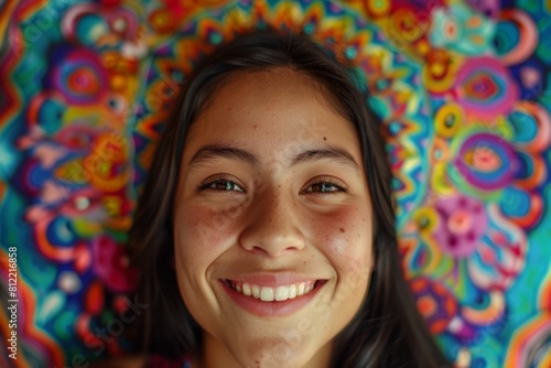 Overhead shot of a girl with a beaming smile against a psychedelic backdrop photo