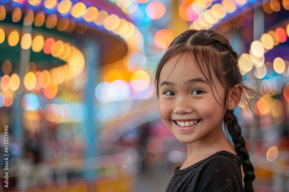 Smiling girl at a fair with vibrant carousel lights in the background