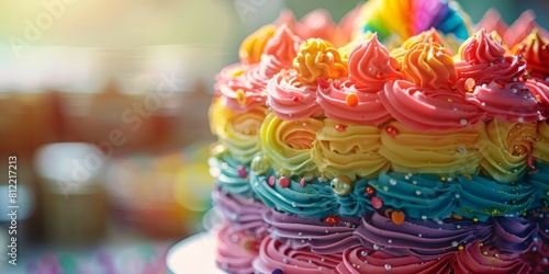 Colorful Rainbow Cake With Icing and Sprinkles. Generative AI