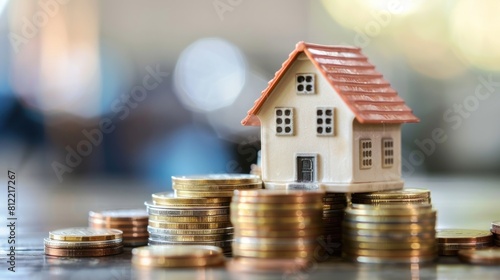 Illustration a miniature house with stack of gold coins for property investment concept. Generate AI