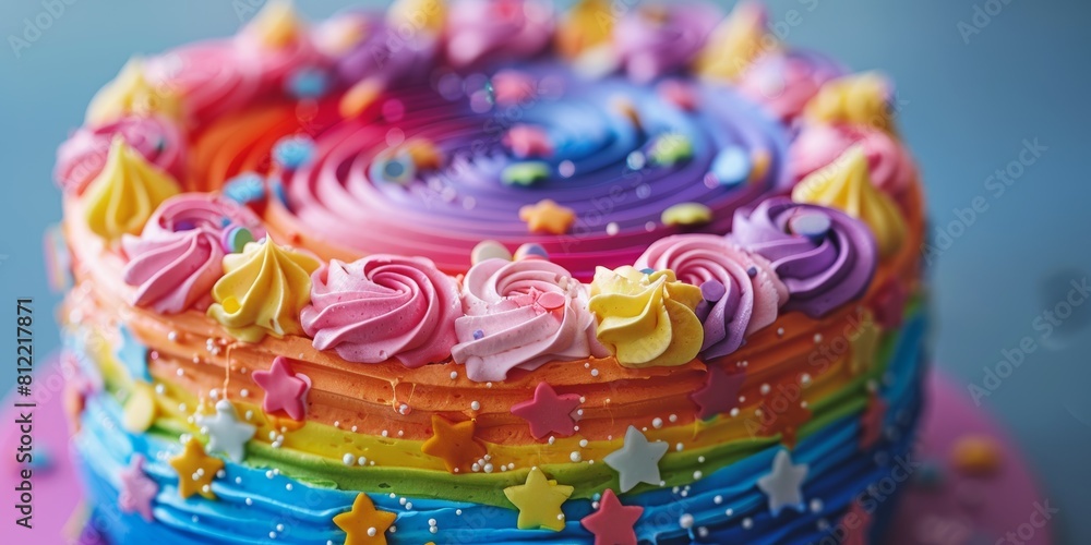Rainbow Cake With Stars and Rainbow Icing. Generative AI