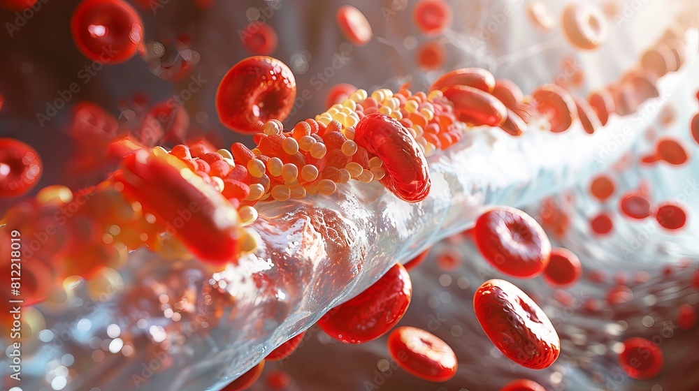 Close-up illustration of cholesterol deposits in blood vessels ...