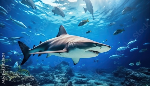 The great White Shark in the ocean  portrait of White shark hunting prey in the underwater