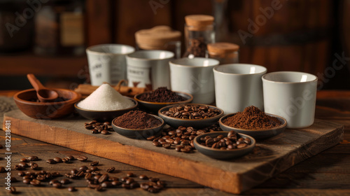 Rustic coffee tasting setup with beans  sugar  and spices arranged on a wooden tray  capturing the essence of a gourmet brew.