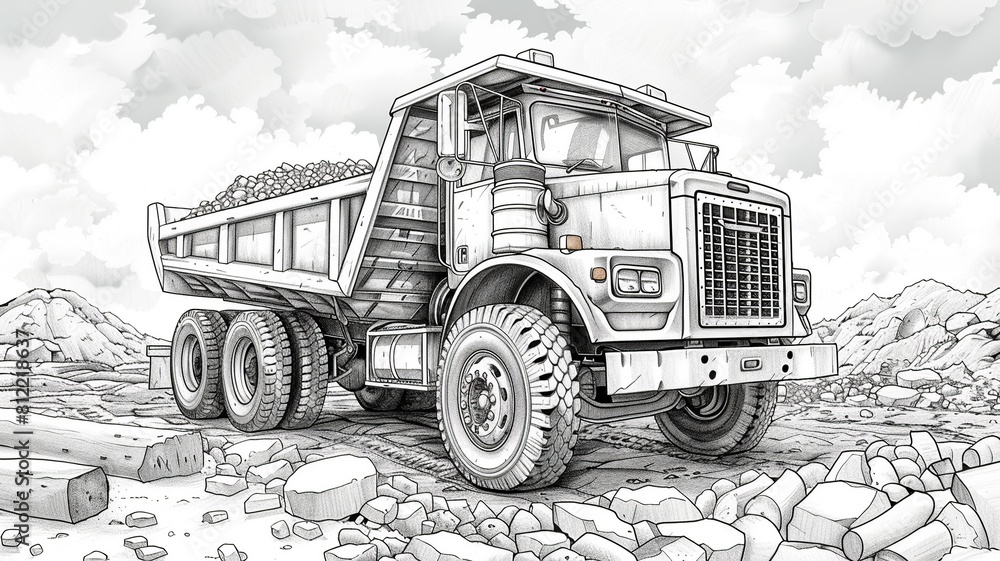 A simple outline drawing of a cartoon truck with big wheels, driven by a friendly character, hauling cargo along a country road, ideal for young children to color. A simple outline drawing of a cartoon truck with big wheels, driven by a friendly character, hauling cargo along a country road, ideal for young children to color.