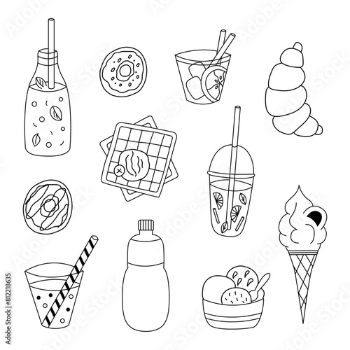 Summer drinks and desserts doodle set. Lemonades, cocktails, water bottle, ice cream, waffles, donuts, croissant, soda. Hand drawn illustration isolated on white background.