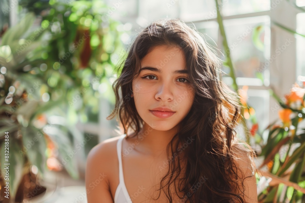 A contemplative young girl with wavy hair in a sunlit greenhouse filled with tropical plants A contemplative young girl with wavy hair in a sunlit greenhouse filled with tropical plants