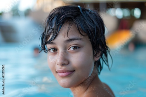 A portrait of a smiling girl with wet hair against the backdrop of a blur pool area during sunset