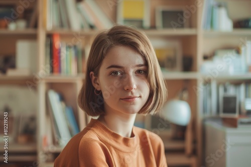 Calm portrait of a young woman in an orange top with a bookshelf backdrop photo