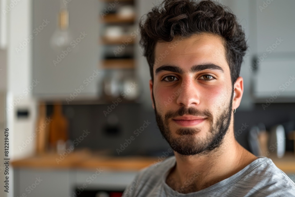 A young, bearded man with curly hair poses in a well-lit modern kitchen with blurred background A young, bearded man with curly hair poses in a well-lit modern kitchen with blurred background