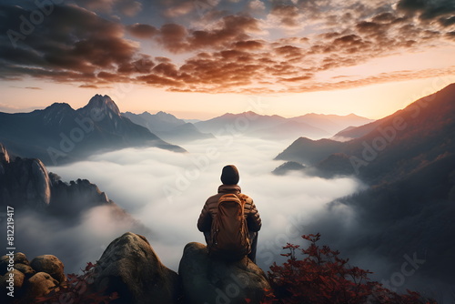 A man sits alone on top a mountain  looking and beautiful nature sky and landscape. Concept of achievement  motivation  personal growth  exploration and limitless possibilities.