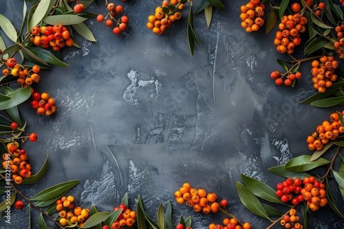 Sea buckthorn and rowan branches wreath, frame border, berries wreath against the background of a gray wall with decorative plaster.