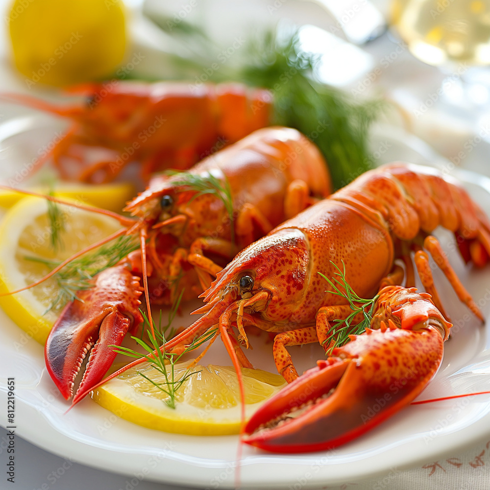 Crayfish Served with Lemon Slices and Fresh Dill: A Classic Combination Enhancing the Delicate Flavors of the Seafood, Perfect for an Elegant Appetizer or a Refreshing Main Course Crayfish Served with Lemon Slices and Fresh Dill: A Classic Combination Enhancing the Delicate Flavors of the Seafood, Perfect for an Elegant Appetizer or a Refreshing Main Course