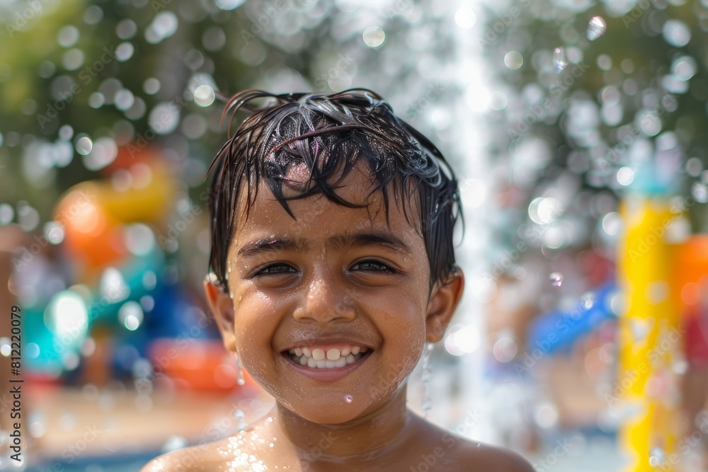 A playful young boy with wet hair and droplets on his face smiles at a water park with blurred background A playful young boy with wet hair and droplets on his face smiles at a water park with blurred background