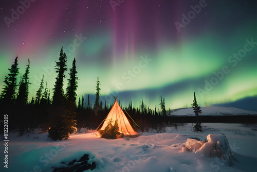 Northern lights shimmering over a remote wilderness area  creating a magical atmosphere