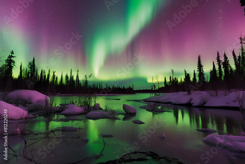 Northern lights shimmering over a remote wilderness area, creating a magical atmosphere